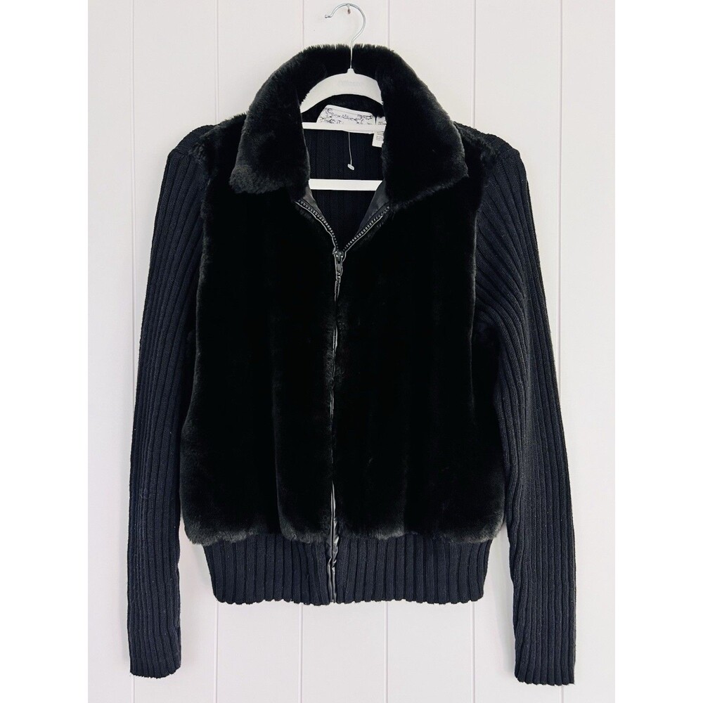Tiara International Black Ribbed Jersey Knit &Soft Vegan Fur Stretchy Zip Jacket